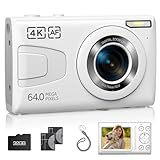 Cámara Digital, cámara compacta 4K 64MP con Tarjeta SD de 32 GB, Zoom 18X 2 baterías Cámaras portátiles pequeñas de apuntar y Disparar Vlogging para niños, niñas y Adolescentes (Blanco)